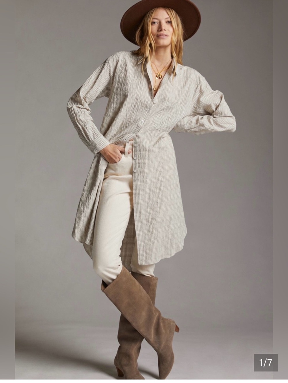 Maeve Neutral Plaid Long-Sleeve Shirt Dress-Small